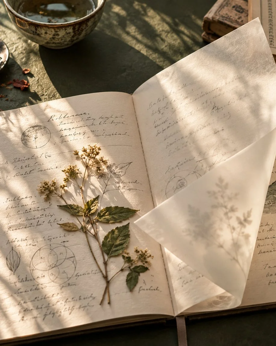 An open practitioner&rsquo;s notebook with a pressed herb, for articles on acupuncture and Chinese herbal medicine by Andrea Garratt