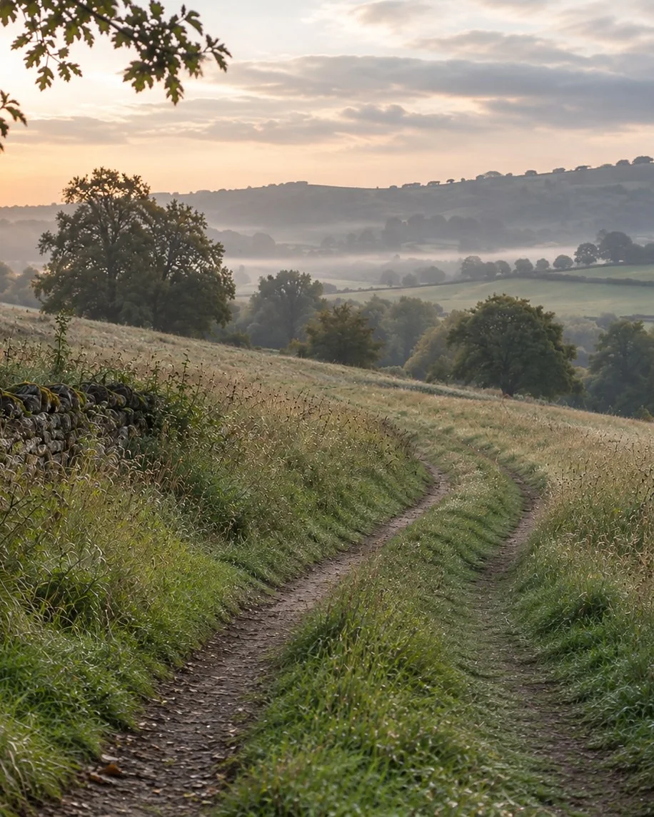A grassy track winding into a misty Cotswold valley at dawn, for Andrea Garratt&rsquo;s guide to acupuncture alongside IVF in Cheltenham