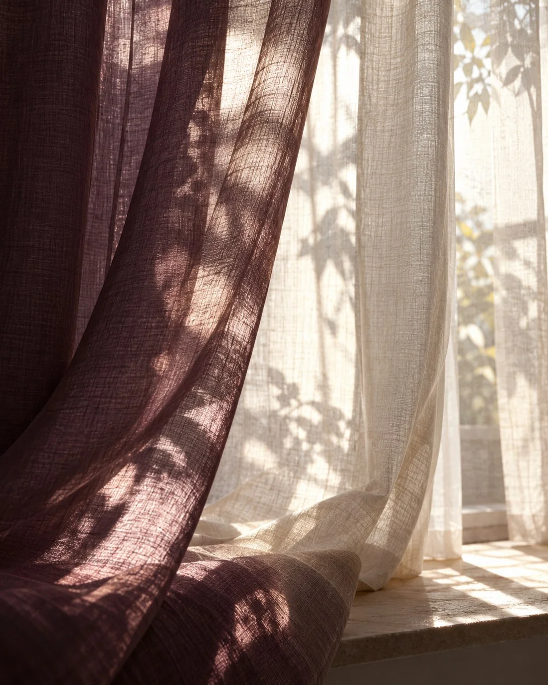 A plum linen curtain softening bright window light, for a guide to acupuncture for migraine and tension headaches near Cheltenham