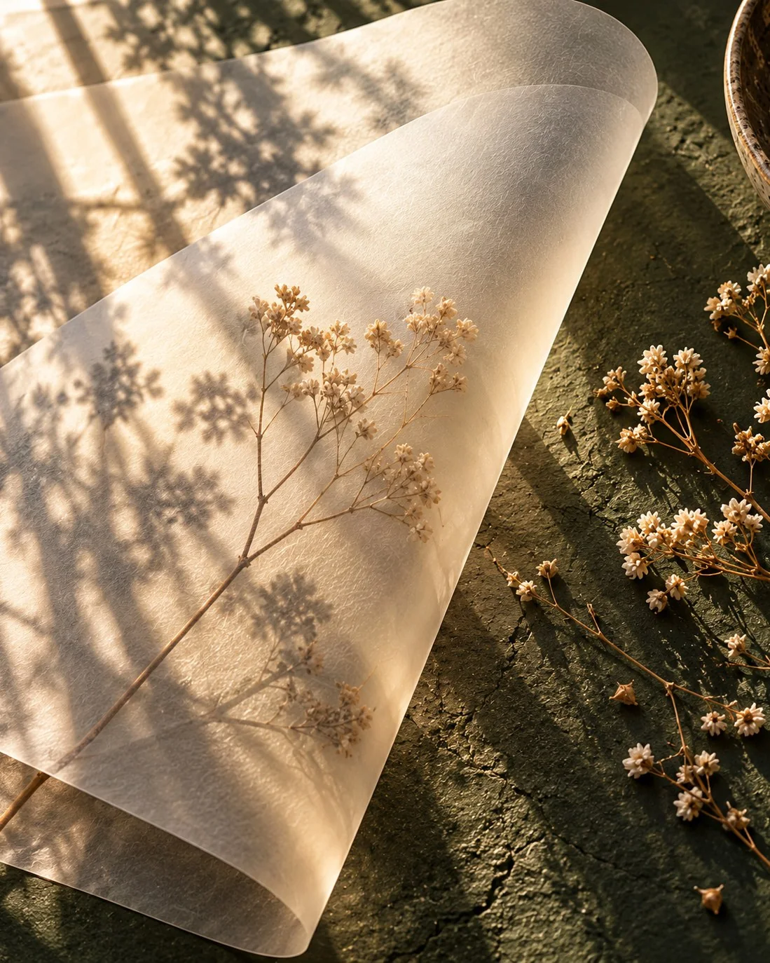 Translucent vellum and dried flowers on olive plaster, for acupuncture and Chinese herbal medicine fees at Resolve in the Cotswolds