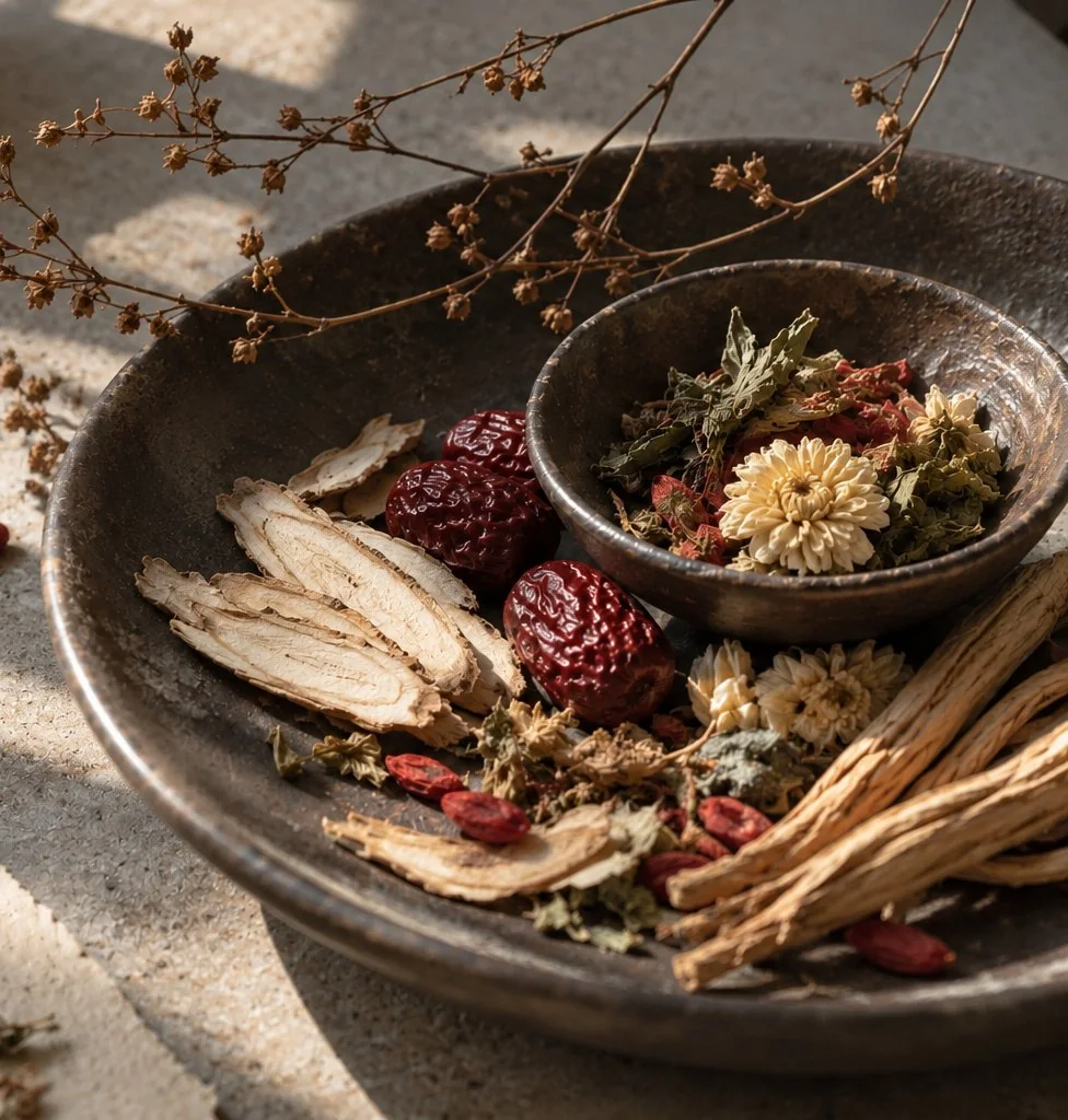 Dried Chinese herbs, jujube dates and chrysanthemum in stoneware bowls, for Chinese herbal medicine in the Cotswolds and online
