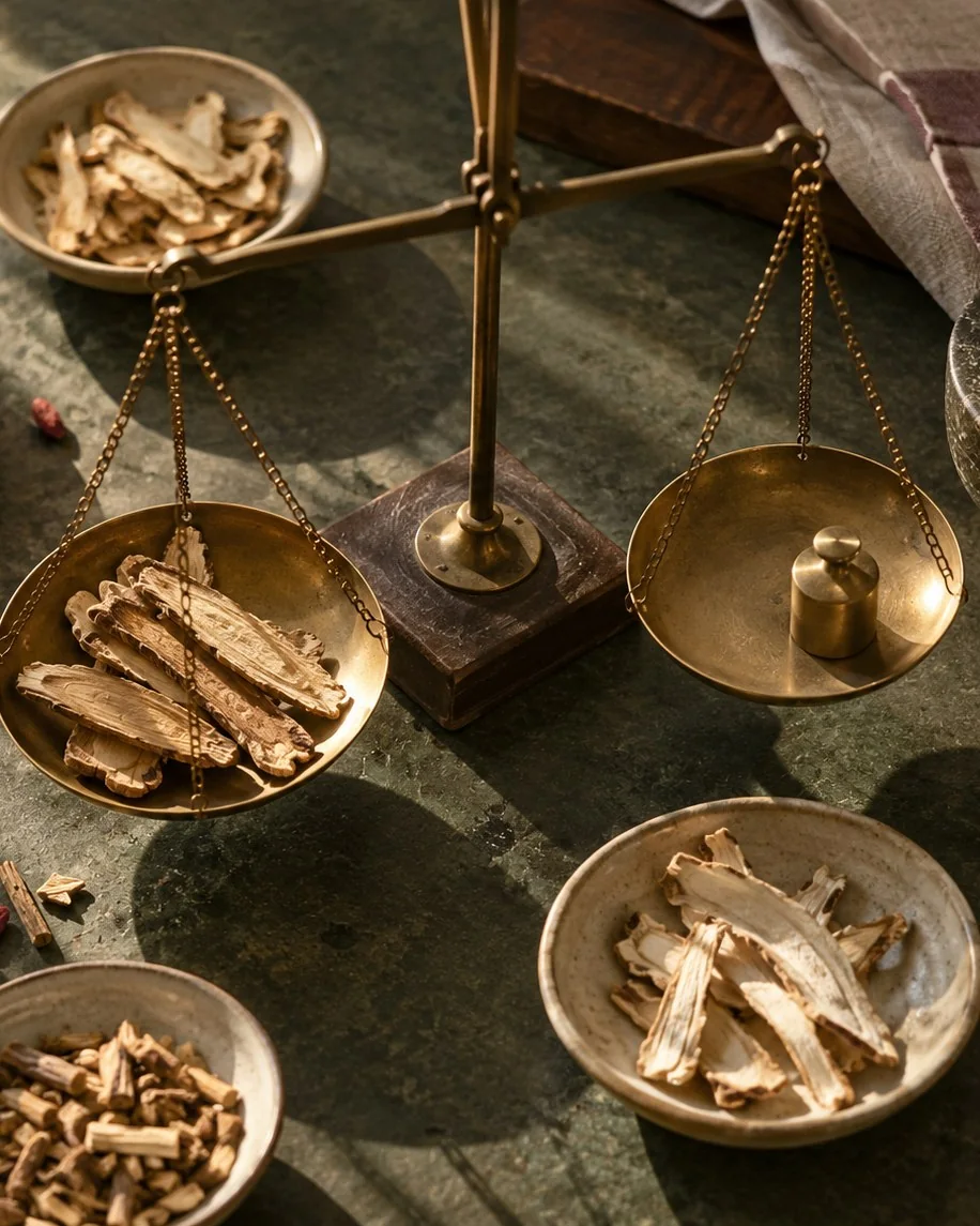 A brass apothecary scale weighing dried roots among bowls of herbs, for seeing a Chinese herbalist in the Cotswolds