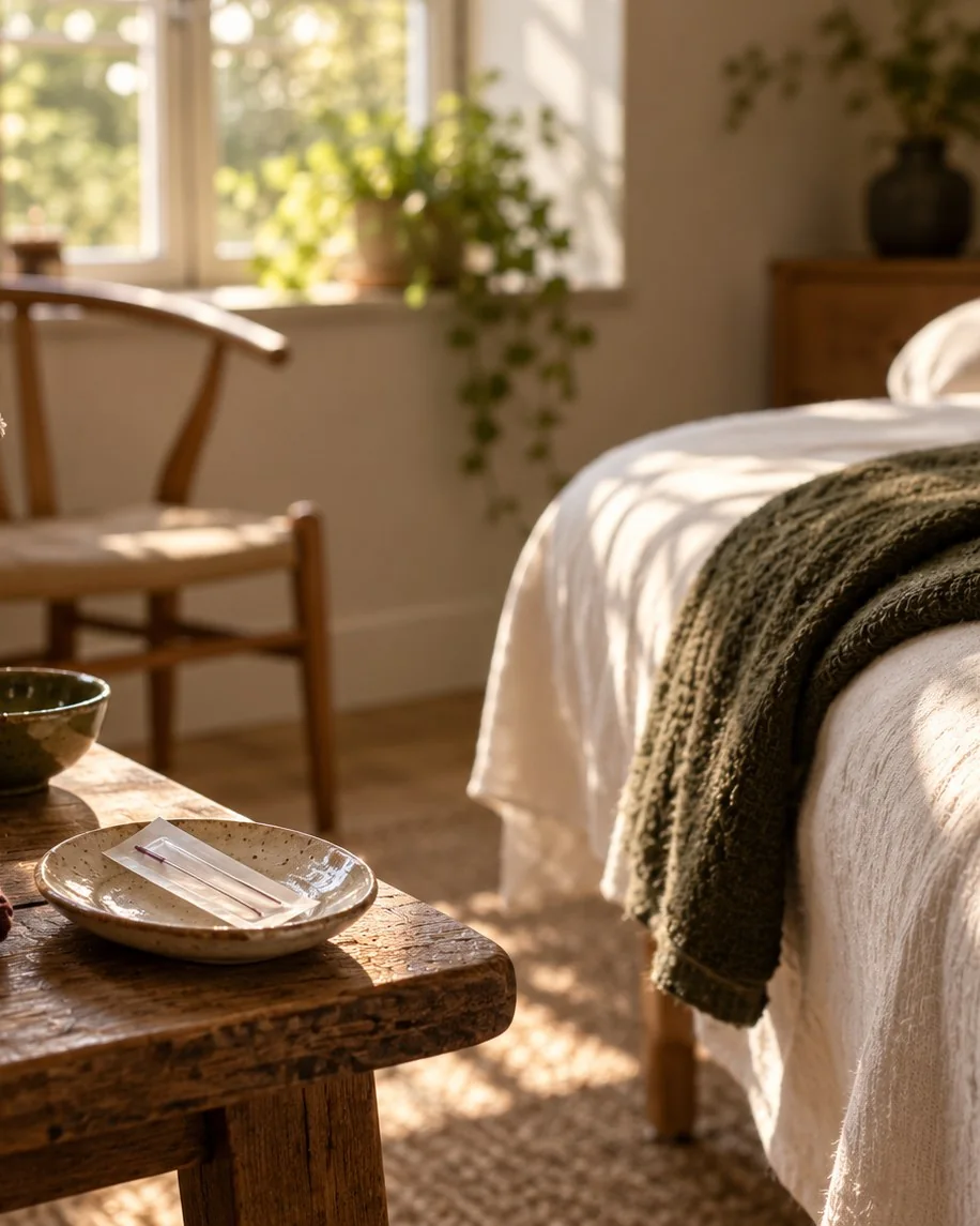 A calm, sunlit acupuncture treatment room with a linen couch and a single sterile needle, for your first acupuncture appointment