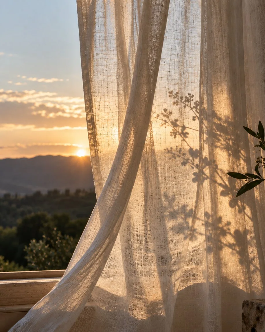 A sheer linen curtain lit by the setting sun over Cotswold hills, for sleep, wellbeing and stress with acupuncture in Upper Rissington