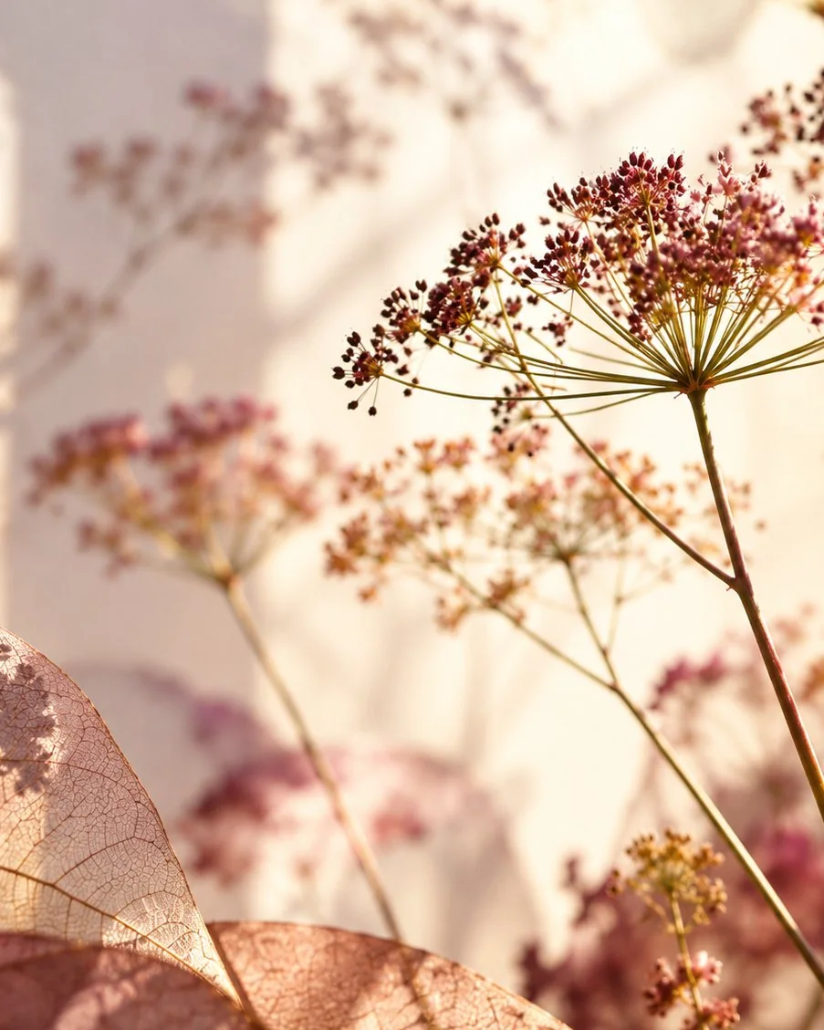 Dried angelica and leaf skeletons in evening light, for women’s health acupuncture and Chinese herbal medicine in the Cotswolds