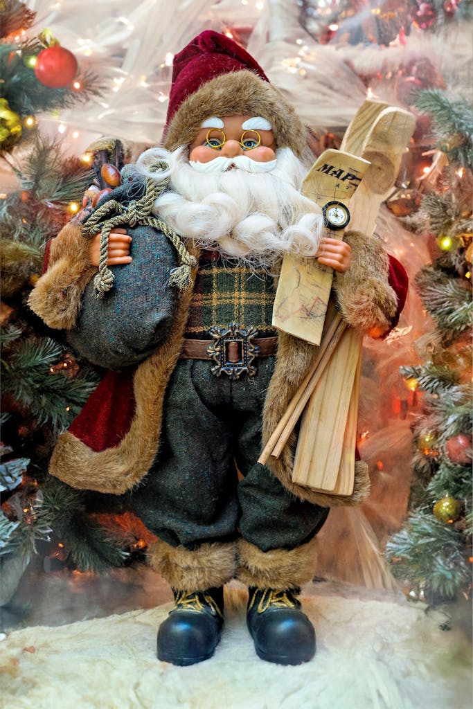From Festive Feasts to Digestive Ease: 14 Charming Santa figurine with skis in a cozy Christmas scene, surrounded by lights and Christmas tree.