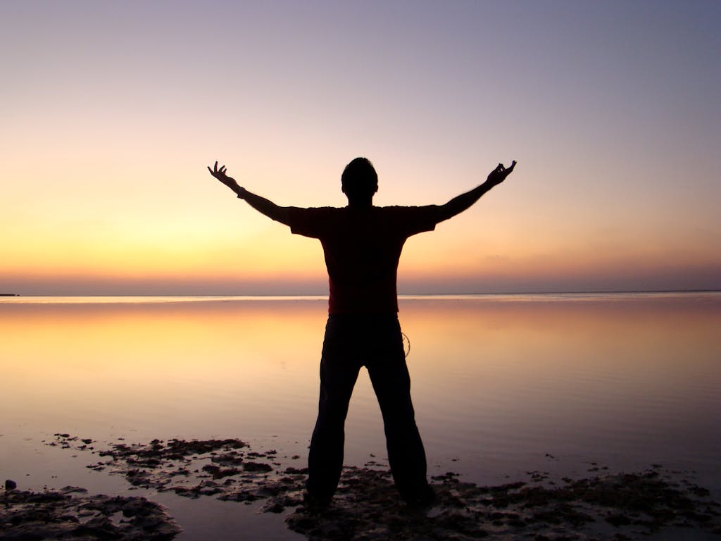 Understanding the Six Conformations: A Holistic Approach to Health and Nature 10 A person joyfully embracing the sunrise over a calm ocean, symbolizing freedom and solitude.